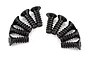 Ten black metal countersunk head screws with coarse threads arranged in a semi-circle on a white background.