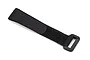 A black hook-and-loop battery strap for RC vehicles with a plastic buckle, isolated on a white background.