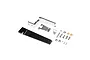 Pro Boat rudder set including a black rudder blade, silver metal mounting brackets, and various small screws, nuts, and bushings on a white background.