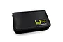 A black Yeah Racing tool bag with a carbon fiber texture and yellow logo on a white background.