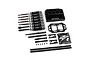 A comprehensive Yeah Racing black aluminium RC tool and chassis setup kit including screwdrivers, gauges, and a tool stand on a white background.