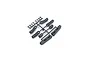 A black plastic parts tree containing various RC suspension components including rod ends and arm pieces on a white background.