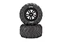 Two Atrek monster truck off-road tyres mounted on black rims, stacked vertically against a white background.