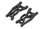 Two black plastic RC car front lower suspension arms shown from an elevated angle against a white background.