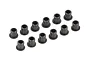 A set of twelve small black flanged metal steering hub bushes arranged in two rows on a white background.