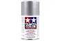 A 100ml can of Tamiya TS-76 Mica Silver lacquer spray paint for plastic models, featuring the Tamiya logo and safety warnings on a white background.