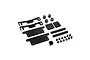 Yeah Racing black aluminium and carbon fibre short battery holder set for RC cars, including plates, posts, thumbscrews, and screws.