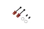 Two Kyosho red aluminium and black steel CVD driveshafts with associated small parts on a white background.