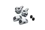 Kyosho metal arm shaft block set containing two silver metal blocks, two silver mounting brackets, and two small black grub screws.