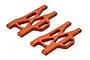 Two orange anodized aluminium rear lower suspension arms for an RC car, shown from a high-angle perspective against a white background.