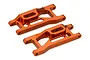 Two orange anodized aluminium front lower suspension arms for an RC car, shown from an elevated angle against a white background.