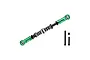 A green GPM Racing aluminium servo steering link with an adjustable spring, accompanied by two black screws and a locking nut on a white background.