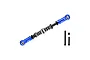 GPM Racing blue aluminium adjustable servo steering link with spring, including two black screws and a nut, isolated on a white background.