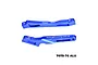 Two blue anodized aluminium RC chassis braces by GPM Racing, showing branding and 7075 material markings.