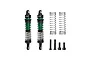 Two GPM Racing green and black aluminium RC shock absorbers with extra springs and mounting hardware on a white background.