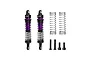 A set of two GPM Racing purple and black aluminium adjustable RC shock absorbers with extra springs and mounting screws on a white background.