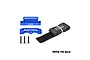 GPM Racing blue aluminium battery hold-down set with black velcro strap and three mounting screws on a white background.