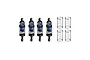 A set of four GPM Racing blue and black adjustable aluminium RC shocks with four additional silver coil springs on a white background.