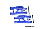 A pair of blue anodized aluminium front suspension arms for an RC car by GPM Racing, including two black hinge pins and two black lock nuts.