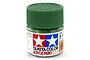 A small glass jar of Tamiya X-5 Green Gloss Acrylic Paint with a green plastic screw-on lid, set against a white background.