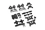 A collection of black aluminium and carbon fibre RC car upgrade parts, including shock towers, steering knuckles, and mounting hardware.