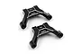 Two black anodized aluminium upper arm mounts for RC cars, featuring silver chamfered edges and the Yeah Racing logo.