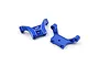 Two deep blue anodized aluminium upper arm mounts for RC cars by Yeah Racing, showing machined details and mounting holes.