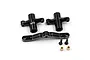 A set of black anodized aluminium RC steering assembly components including two bell cranks, a steering rack, two screws, and two brass bushings.