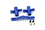 Yeah Racing blue anodized aluminium steering assembly set including bell cranks, steering bridge, screws, and bushings on a white background.
