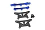 Yeah Racing blue aluminium and carbon fibre shock tower set for RC cars, including four metal screws.