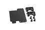 A Yeah Racing servo mount set including a carbon fibre plate, two black aluminium mounts, and four small screws on a white background.