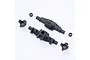 FMS front axle housing components including two main housing halves, two steering knuckles, and two small bushings on a white background.