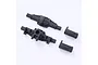 FMS RC rear axle housing components in black plastic, including the main housing halves and two end caps, isolated on a white background.