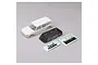 An unpainted white Axial Ford Bronco RC body shell with a tinted window insert, small plastic parts, and two decal sheets on a grey background.