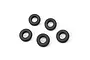 Five black Mickey Thompson Baja Boss RC crawler tyres arranged on a white background.