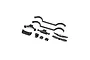 A set of ten black plastic RC car parts including fenders, bumpers, and body mounts on a white background.