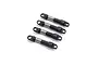 Four small black RC shock absorbers with silver coil springs arranged diagonally on a white background.