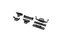 A set of black plastic RC battery tray components and chassis mounts from Axial, arranged on a white background.