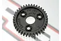 A black plastic 38T 1Mod spur gear for RC vehicles, showing molded text including 38T M1 and 14.5 degree markings.