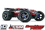 Traxxas E-Revo 1/10 scale electric brushless RC monster truck in red and black, shown from a side angle with iD, TSM, and Brushless Power logos below.