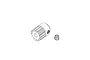 A line drawing of an RC pinion gear with a separate grub screw on a white background.