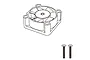 A line art illustration of a square RC cooling fan and two small mounting screws.