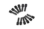 A set of twelve black metal grub screws arranged in a semi-circular pattern against a white background.