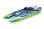 Traxxas DCB M41 Widebody RC catamaran speed boat in green, blue, and white livery, viewed from a high angle against a white background.
