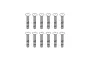 A top-down view of twelve identical silver-colored button head screws arranged in two rows of six on a white background.