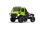 A lime green MN Model Unimog RC rock crawler truck with black roll cage, off-road tires, and illuminated headlights against a white background.