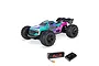 ARRMA Mini Kraton 3S BLX 4X4 RC monster truck in teal, purple, and pink, shown with a Spektrum Smart LiPo battery and charger.