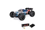 ARRMA Mini Kraton 3S BLX 4X4 RC monster truck in blue and silver, shown with a Spektrum Smart LiPo battery and charger.