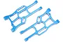 A pair of blue anodized aluminium front lower suspension arms for an HSP RC car, shown on a white background.