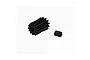 A black 13-tooth pinion gear and a small black grub screw isolated on a white background.